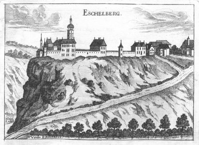Engraving, View of Eschelberg Castle by Georg Matthäus  Vischer